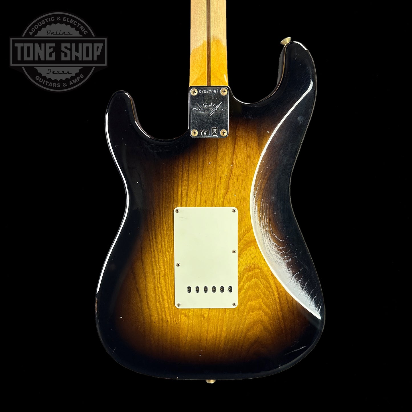 Back of body of Fender 1956 Stratocaster Journeyman Relic Maple Neck Wide-Fade 2-Color Sunburst.
