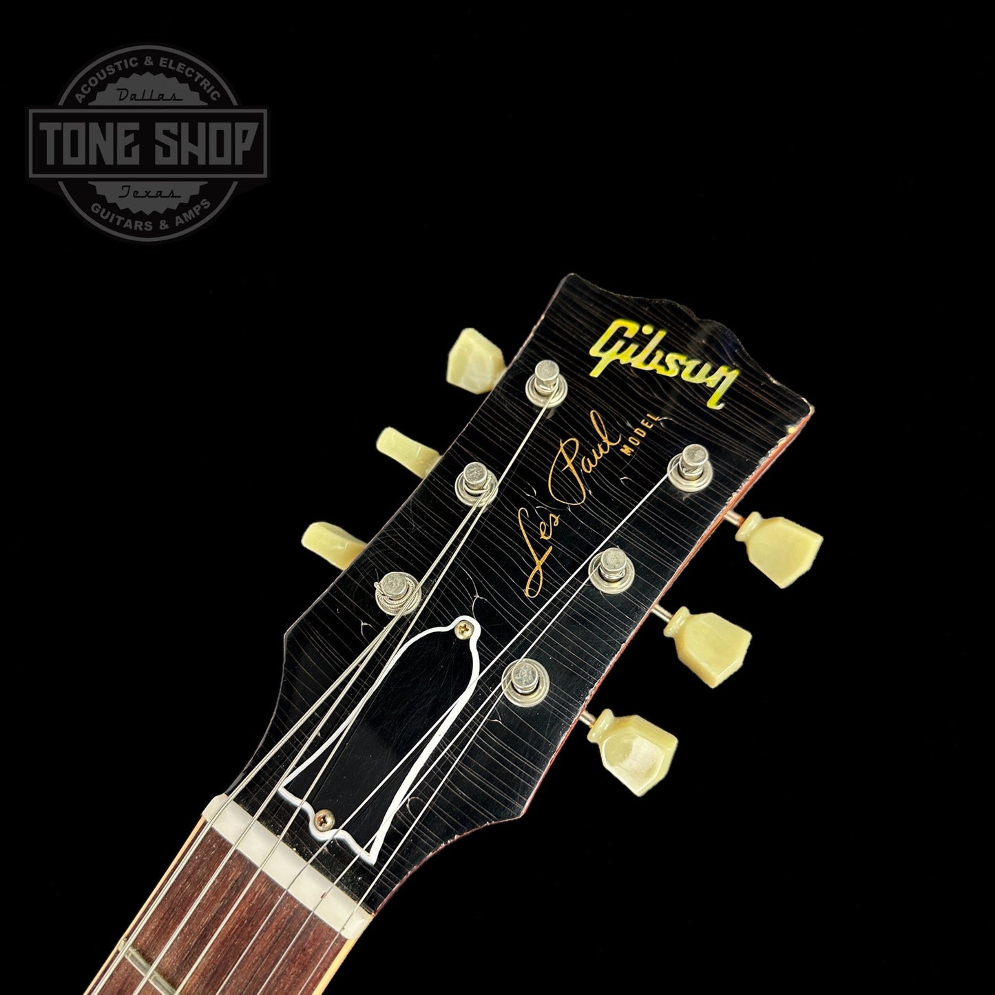 Front of headstock of Used 2011 Gibson Custom Shop 1959 Tom Murphy Aged Les Paul Standard.