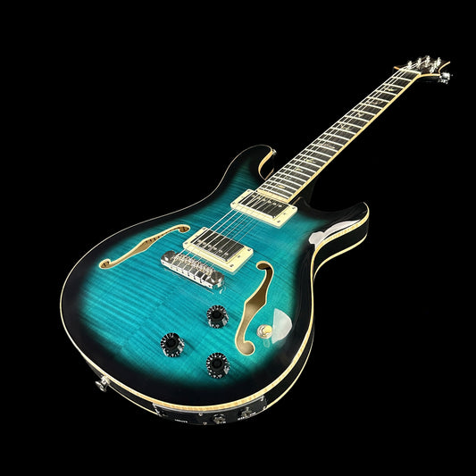 Front angle of Used PRS SE Hollowbody II Piezo Peacock Blue.