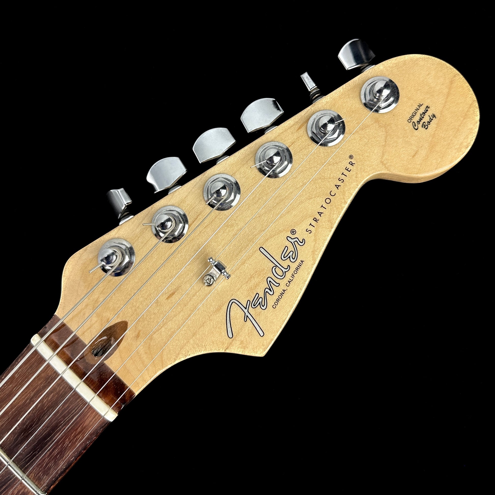 Front of headstock of Used 2019 Fender American Pro Stratocaster HSS 3-Color Sunburst.