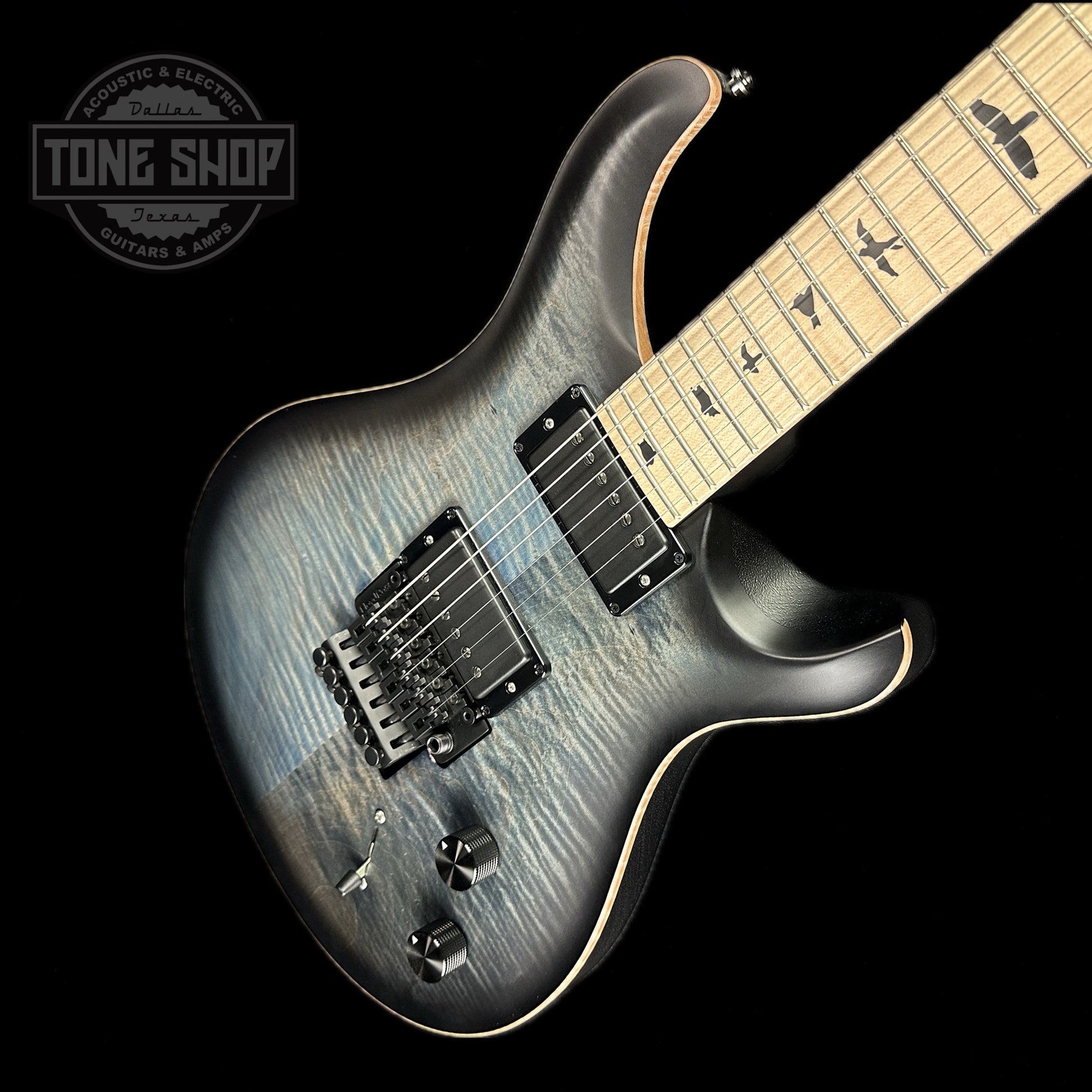 Front angle of PRS Paul Reed Smith Dustie Waring CE24 Floyd Faded Whale Blue Smokeburst.