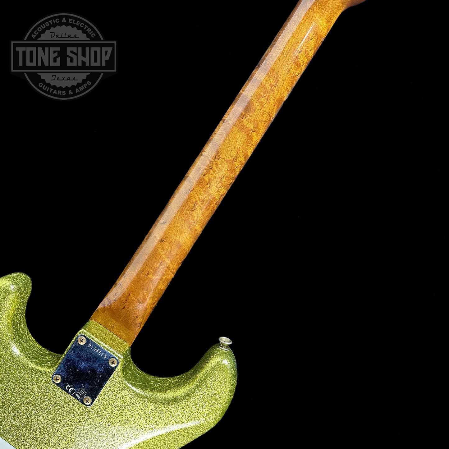 Back of neck of Fender Custom Shop 1964 Stratocaster Journeyman Relic Chartreuse Sparkle.
