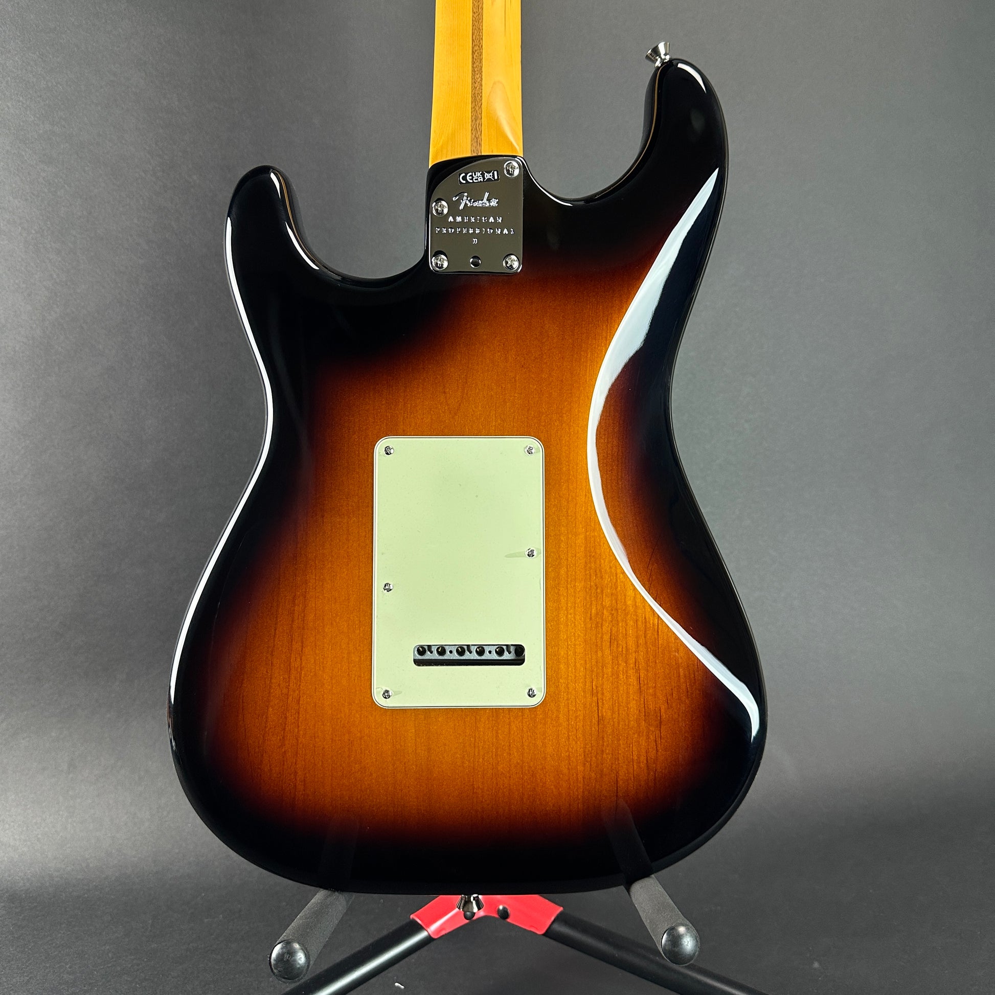 Back of Used 2023 Fender American Pro II Stratocaster Maple 2 Tone Sunburst.