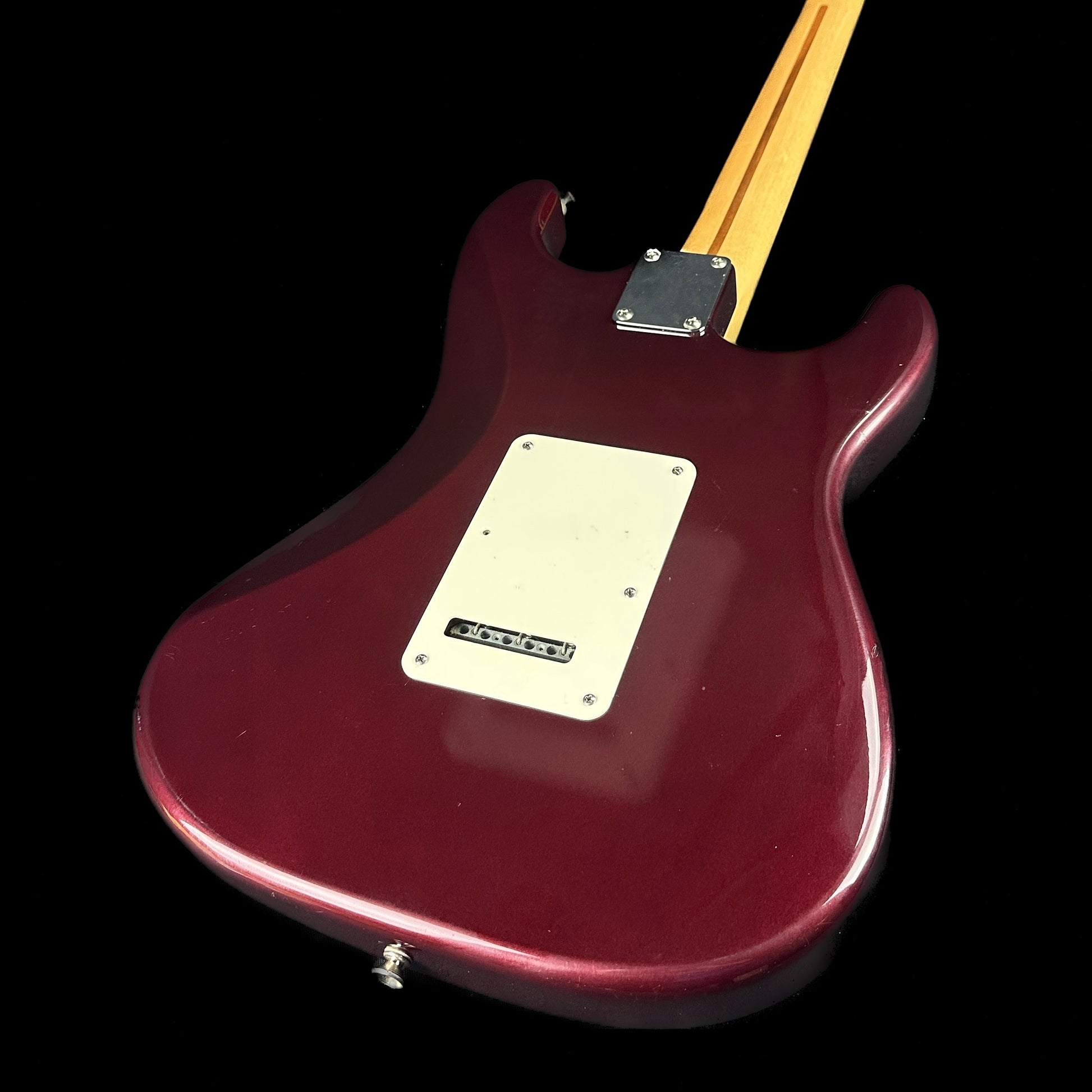 Back angle of Used Fender Standard Stratocaster Left Hand Burgundy.