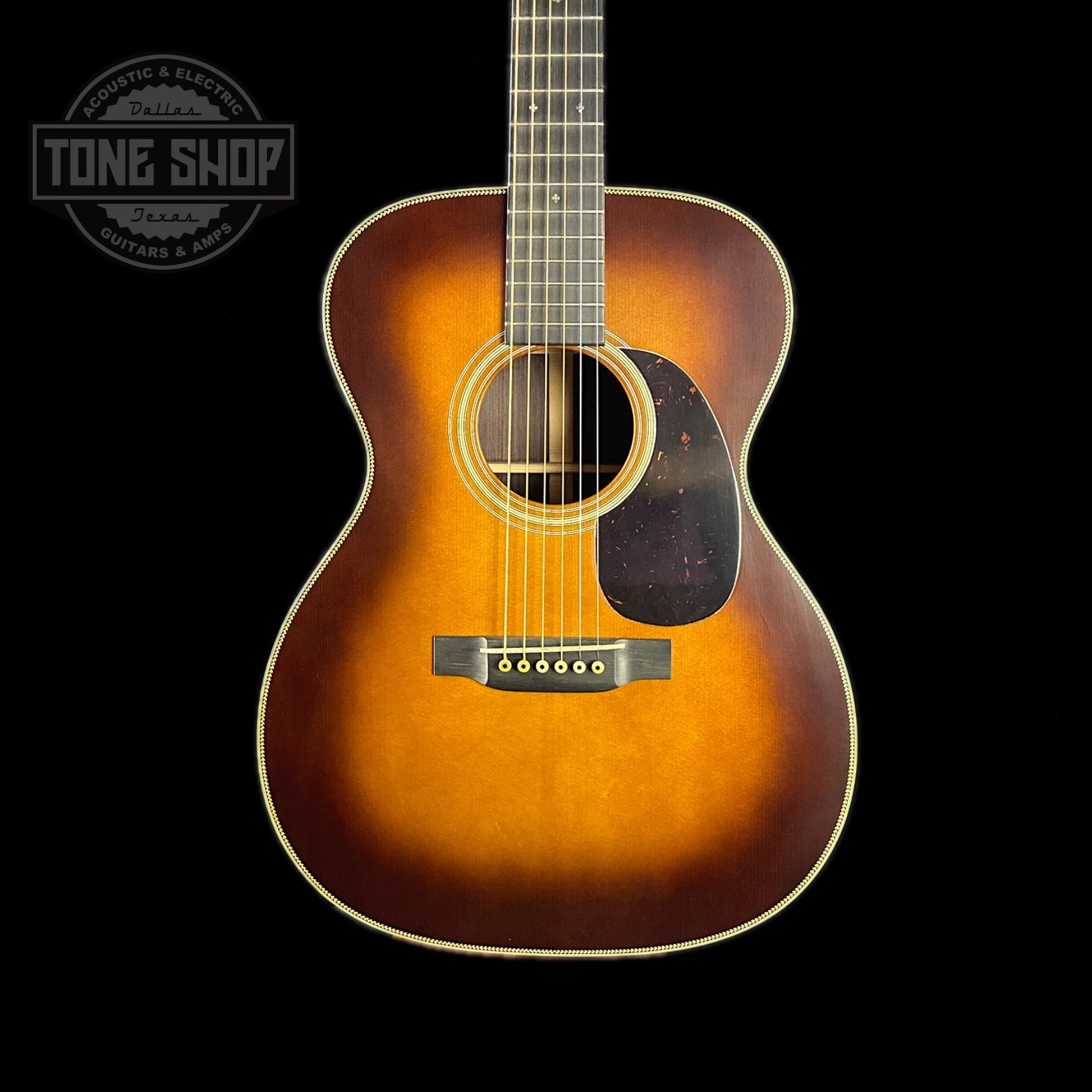 Front of body of Martin Custom Shop 000-28 Authentic 1937 Vintage Low Gloss w/Stage 1 Aging w/Ambertone Burst.