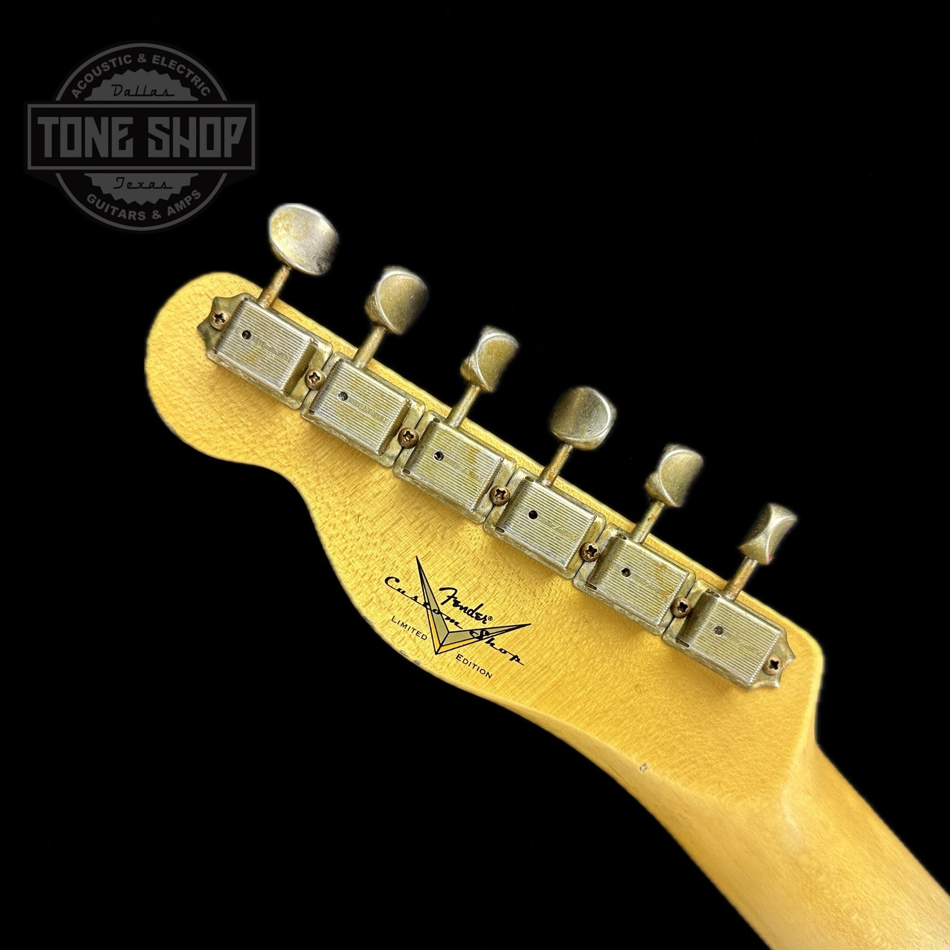 Back of headstock of Fender Custom Shop Limited Edition '64 Tele Relic Aged Lake Placid Blue.