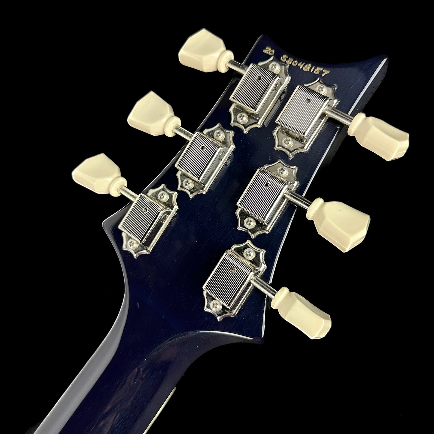 Back of headstock of Used PRS S2 McCarty 594 Singlecut Whale Blue.