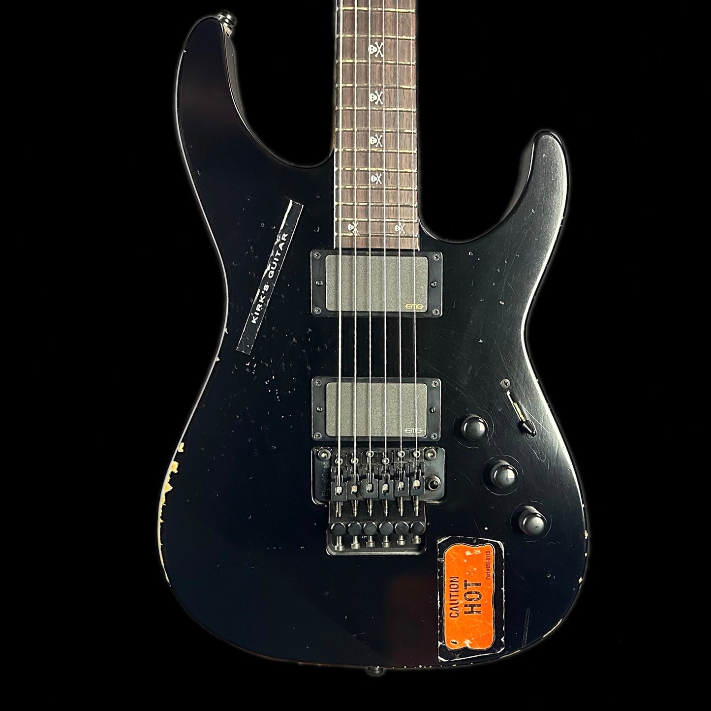 Front of ESP KH-2 Vintage Kirk Hammett Signature Series Distressed Black.