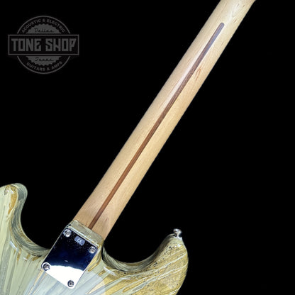Back of neck of Used 2003 Fender Splatter Strat Black.