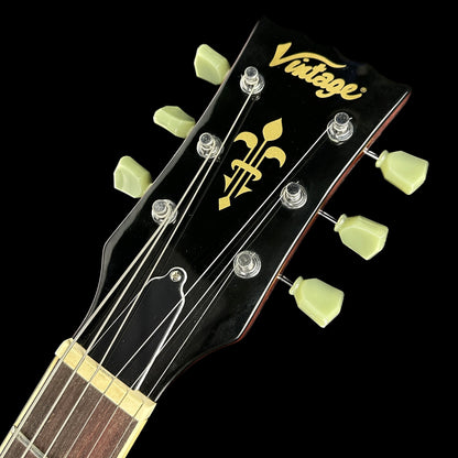Front of headstock of Used Vintage VSA500HB Semi-hollow Gold Burst.