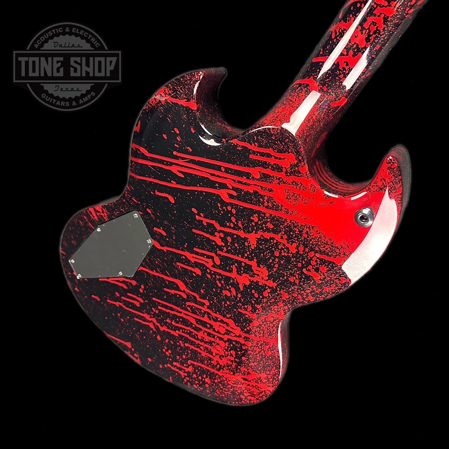 Back angle of ESP USA Viper Black Blood Splatter.