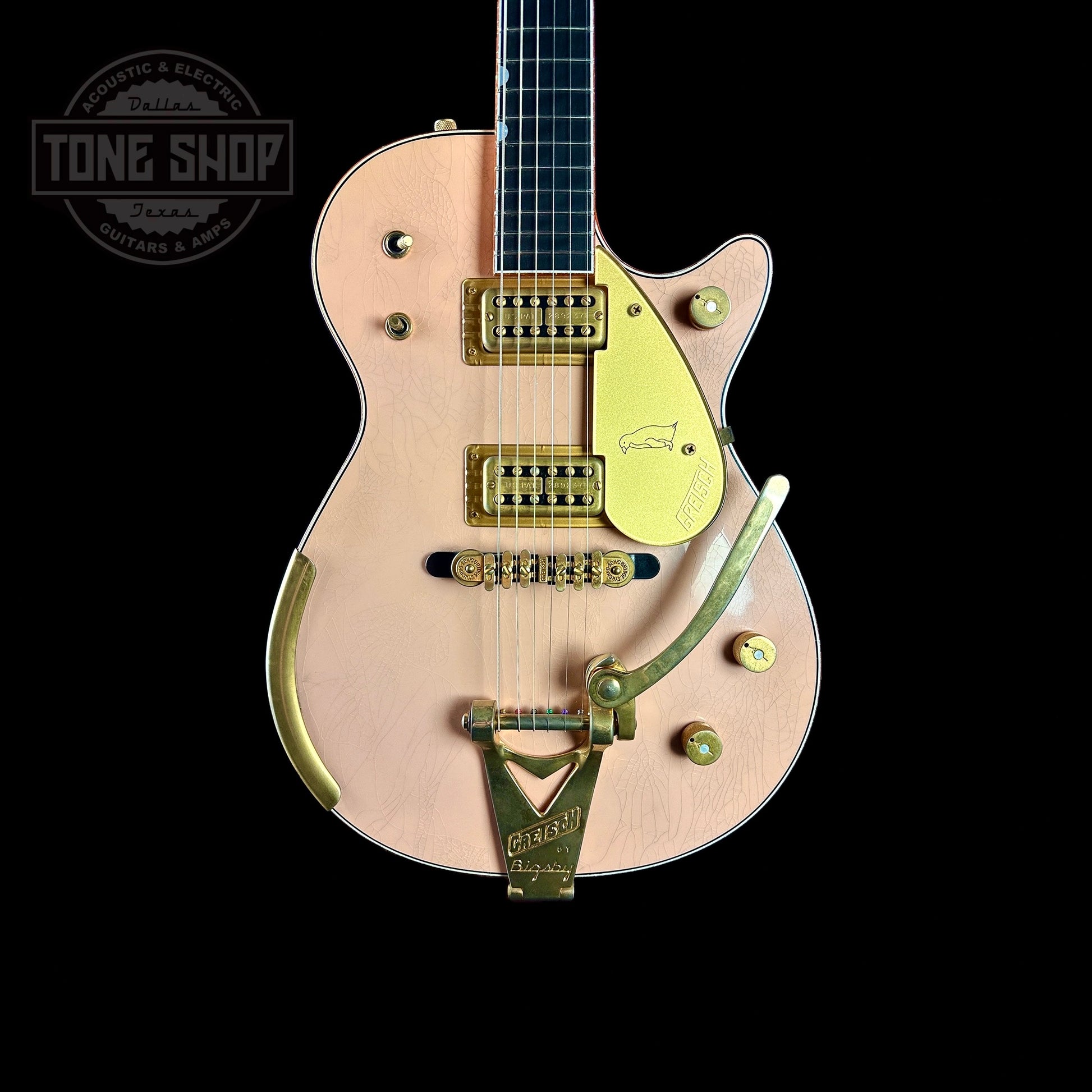 Front of body of Gretsch Custom Shop G6134-59 Penguin Relic Shell Pink Masterbuilt By Gonzalo Madrigal.
