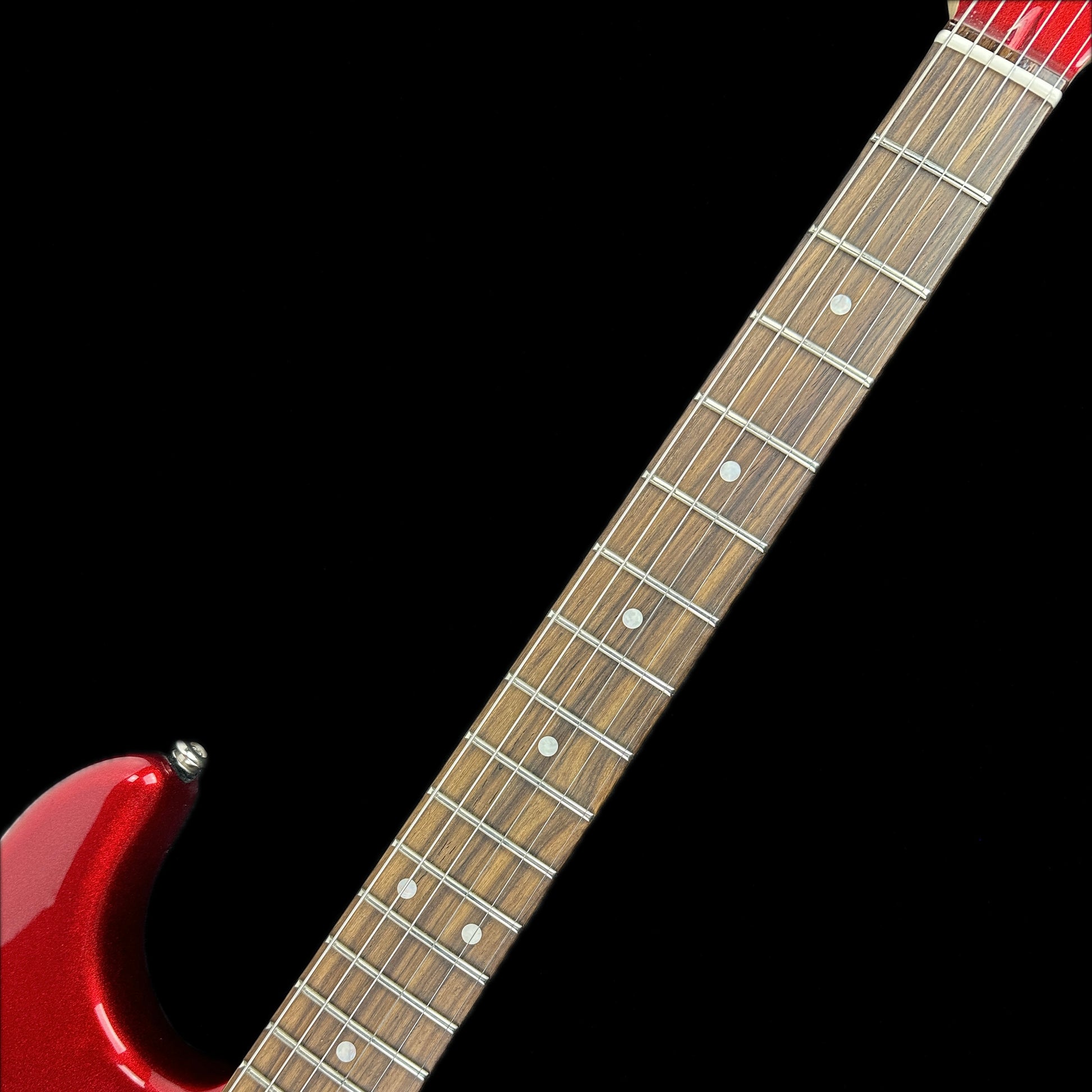 Fretboard of G&L USA Legacy HH RMC Empress Candy Apple Red Metallic Matching Headstock.