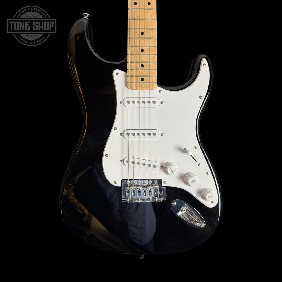 Front of Used Squier Stratocaster Black MP TSS7463.