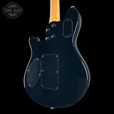 Black electric guitar body with a visible brand logo in the corner.