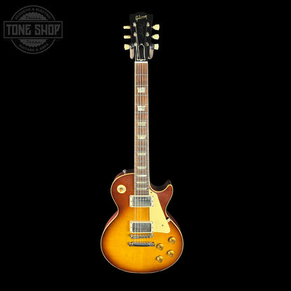 Full front of Gibson Custom Dealer Select 1958 Les Paul Chambered Slow Iced Tea Fade VOS w/case 84910