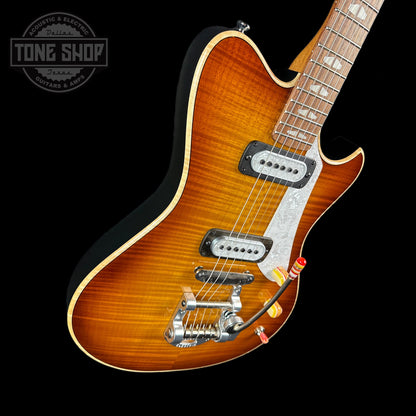 Front angle of Powers Electric A-Type Select Maple Sweet Tea Orange PF42 Pearl Ebony Warm.