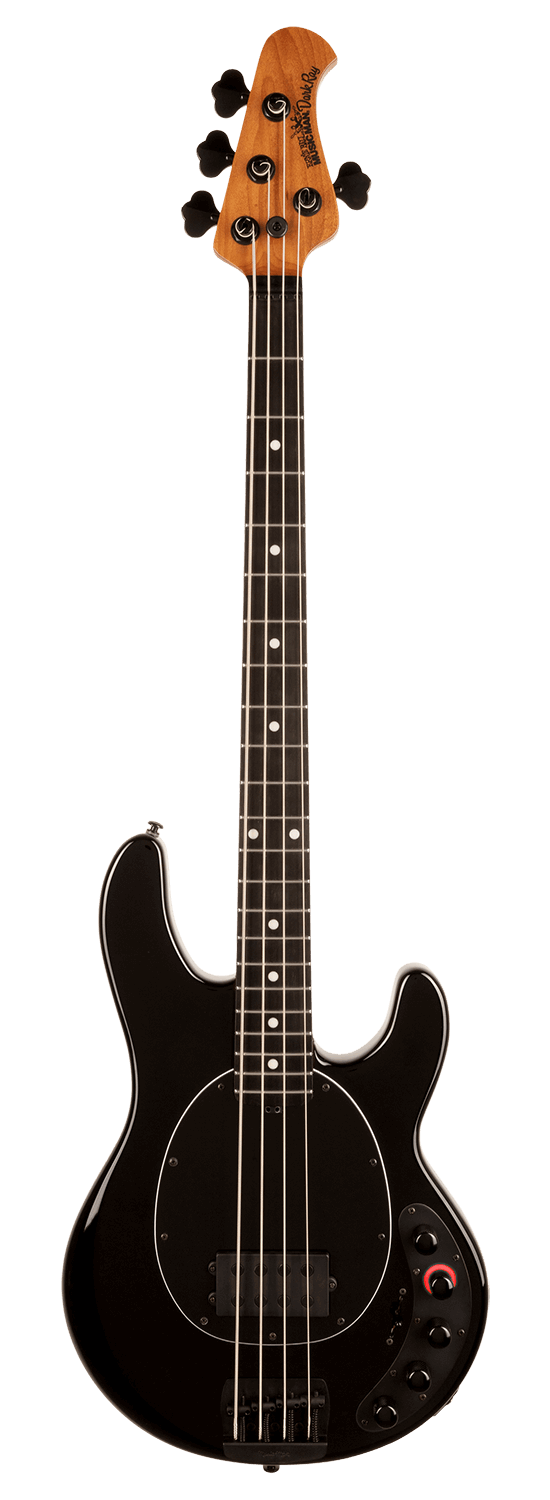 Full frontal of Ernie Ball Music Man DarkRay Bass Obsidian Black stock.