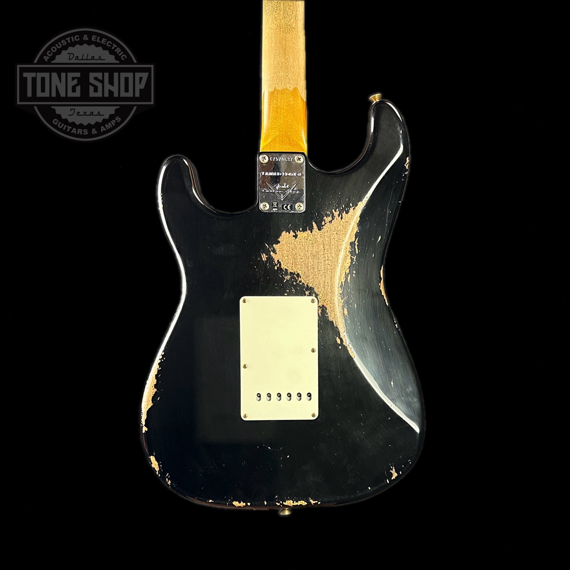 Back of body of Fender Custom Shop Limited Edition '67 Hss Strat Heavy Relic Aged Black.