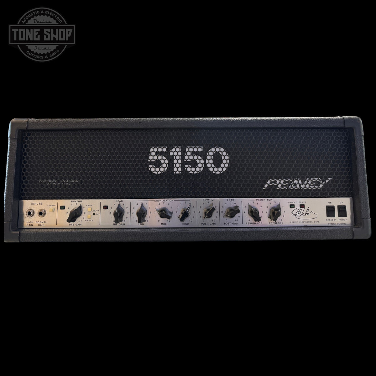 Guitar amplifier head with '5150' marking on a black background, featuring the Peavey logo.