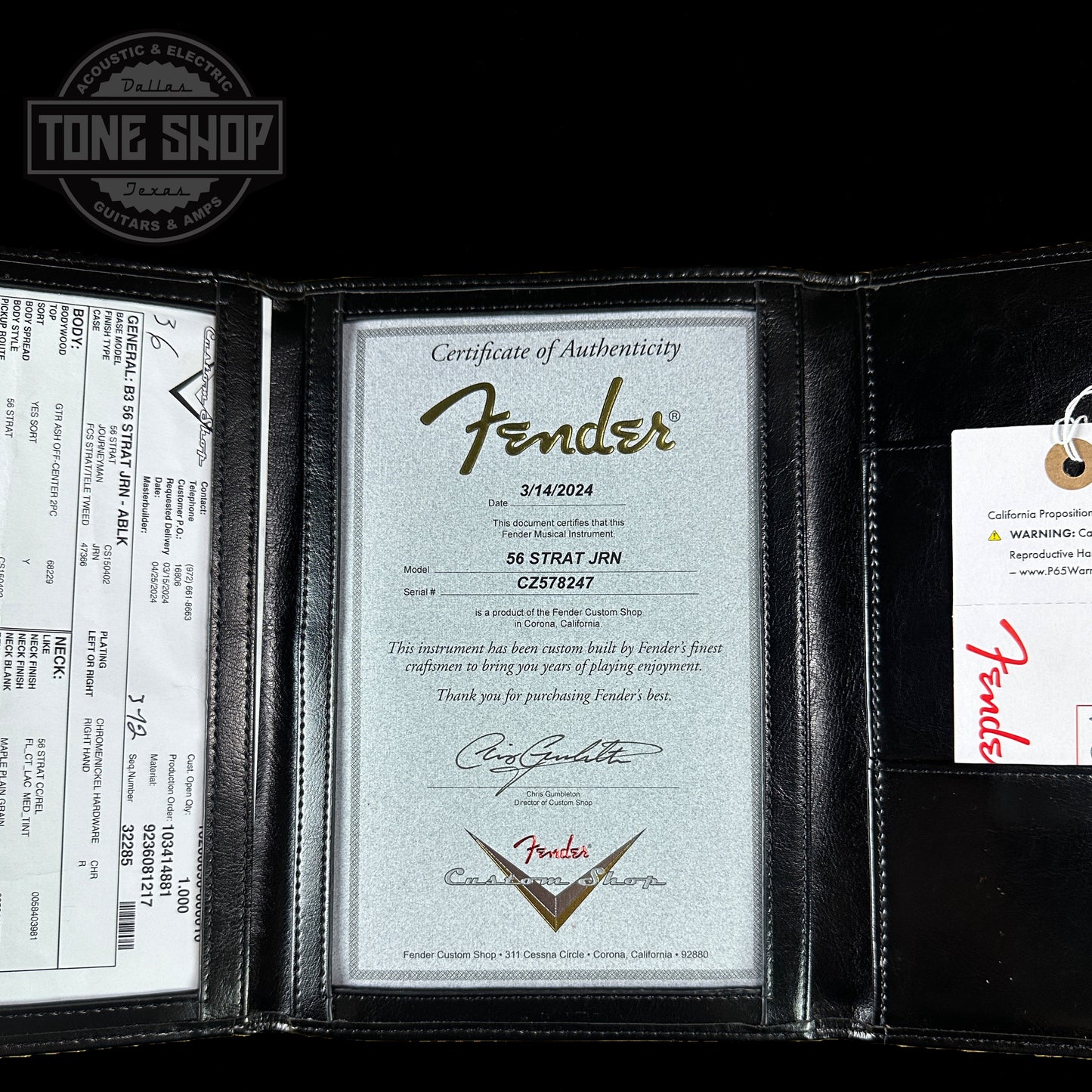 Certificate of authenticity for Fender 1956 Stratocaster Journeyman Relic Maple Neck Aged Black.