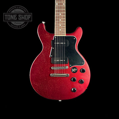Front of body of Gibson Les Paul Special Double Cutaway Limited Edition Rick Beato Signature Sparkling Burgandy Satin.