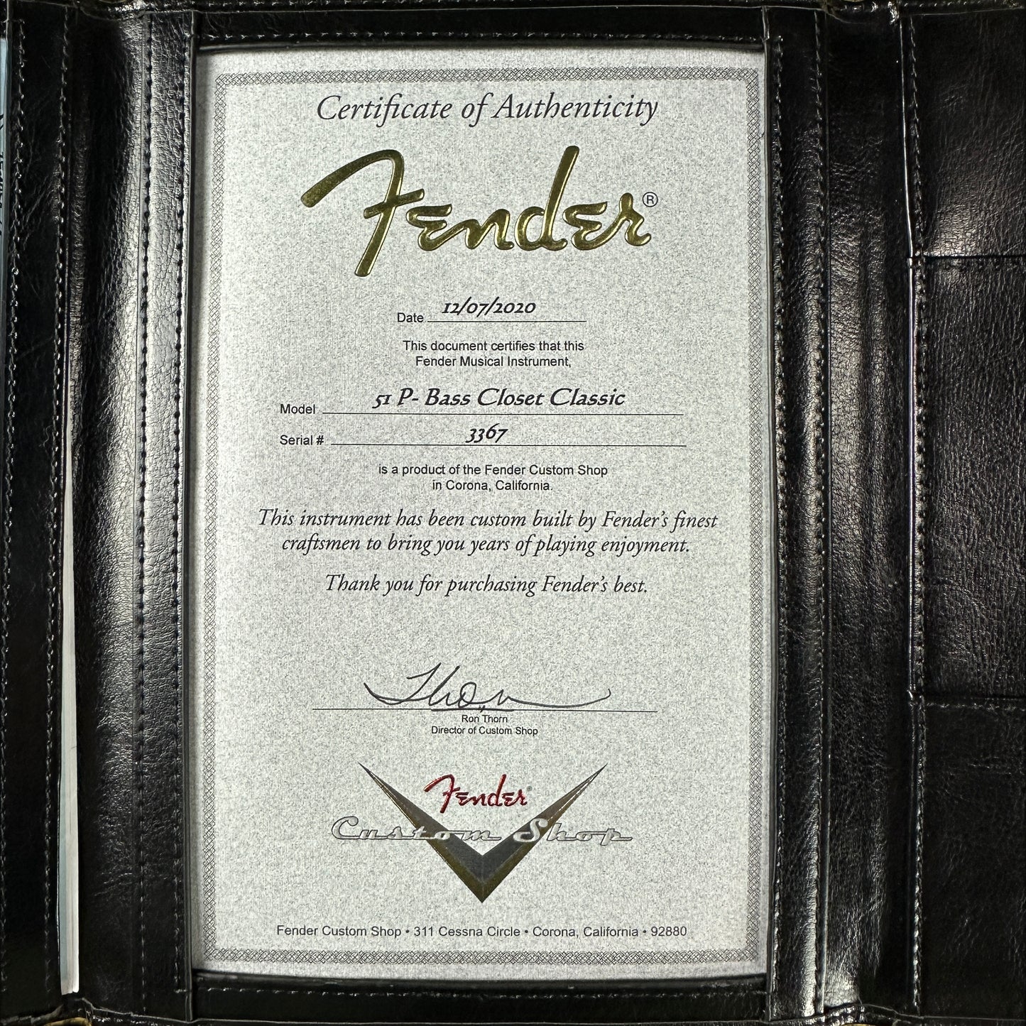 Certificate of authenticity for Used Fender Custom Shop '51 Precision Bass Closet Classic.