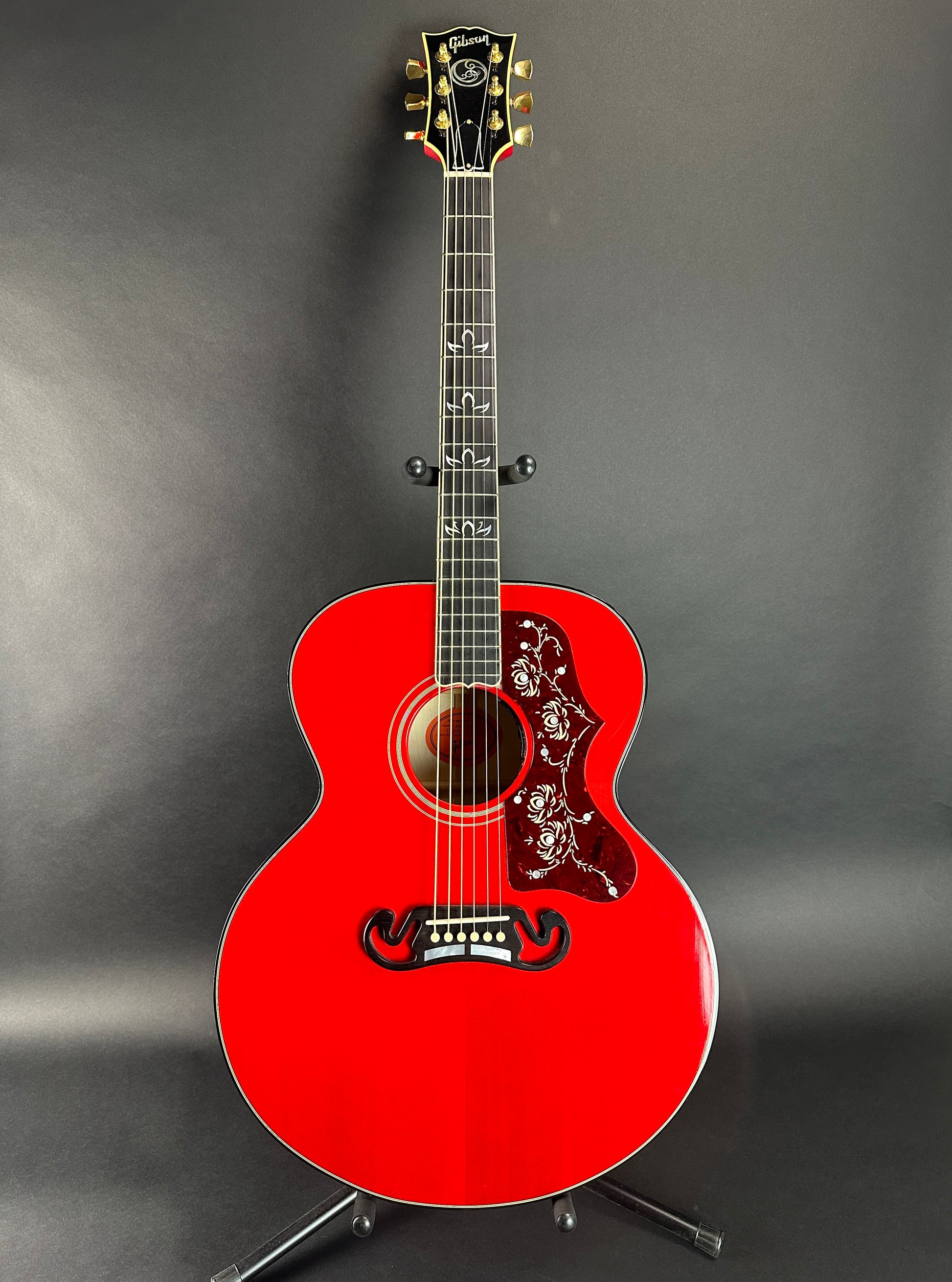 Full front of Used 2021 Gibson Orianthi SJ-200 Trans Red.