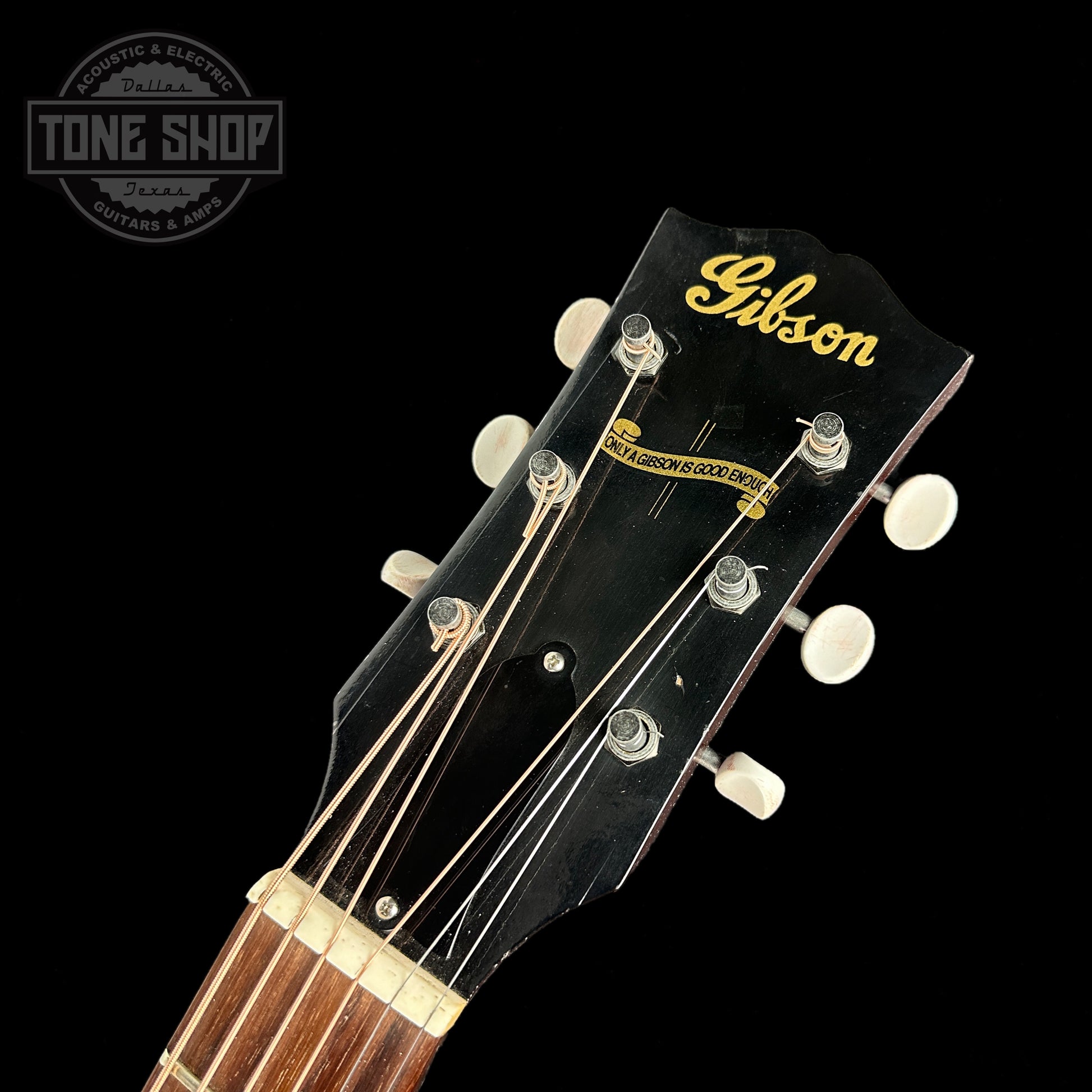Front of headstock of Used Gibson 1942 LG2 Banner.