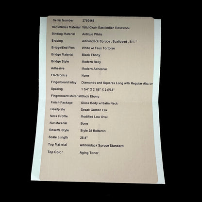 Spec sheet for Martin Custom Shop 28 Style 0000 Adirondack/WEIR.
