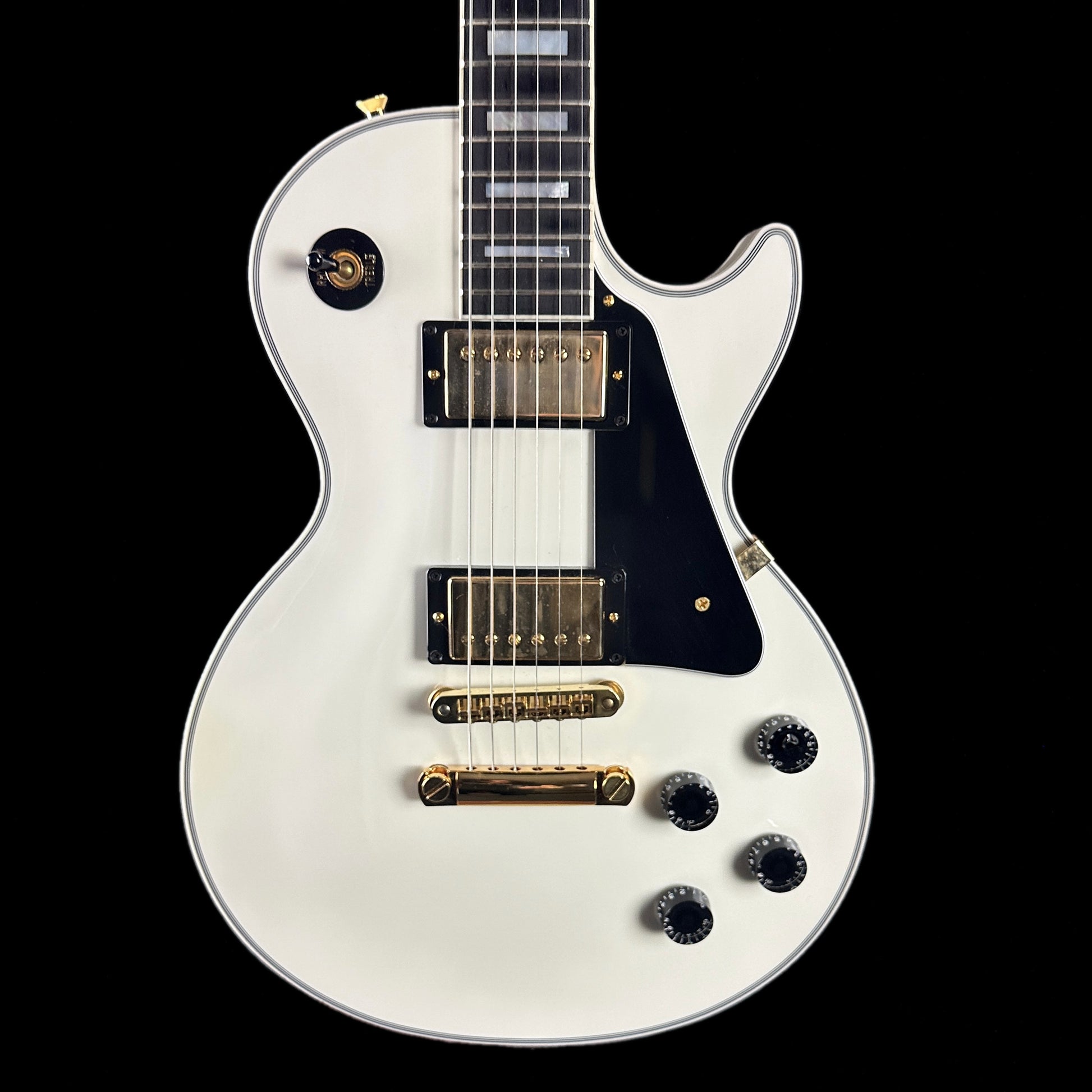 Front of body of Used Gibson Custom Shop Les Paul Custom Alpine White.