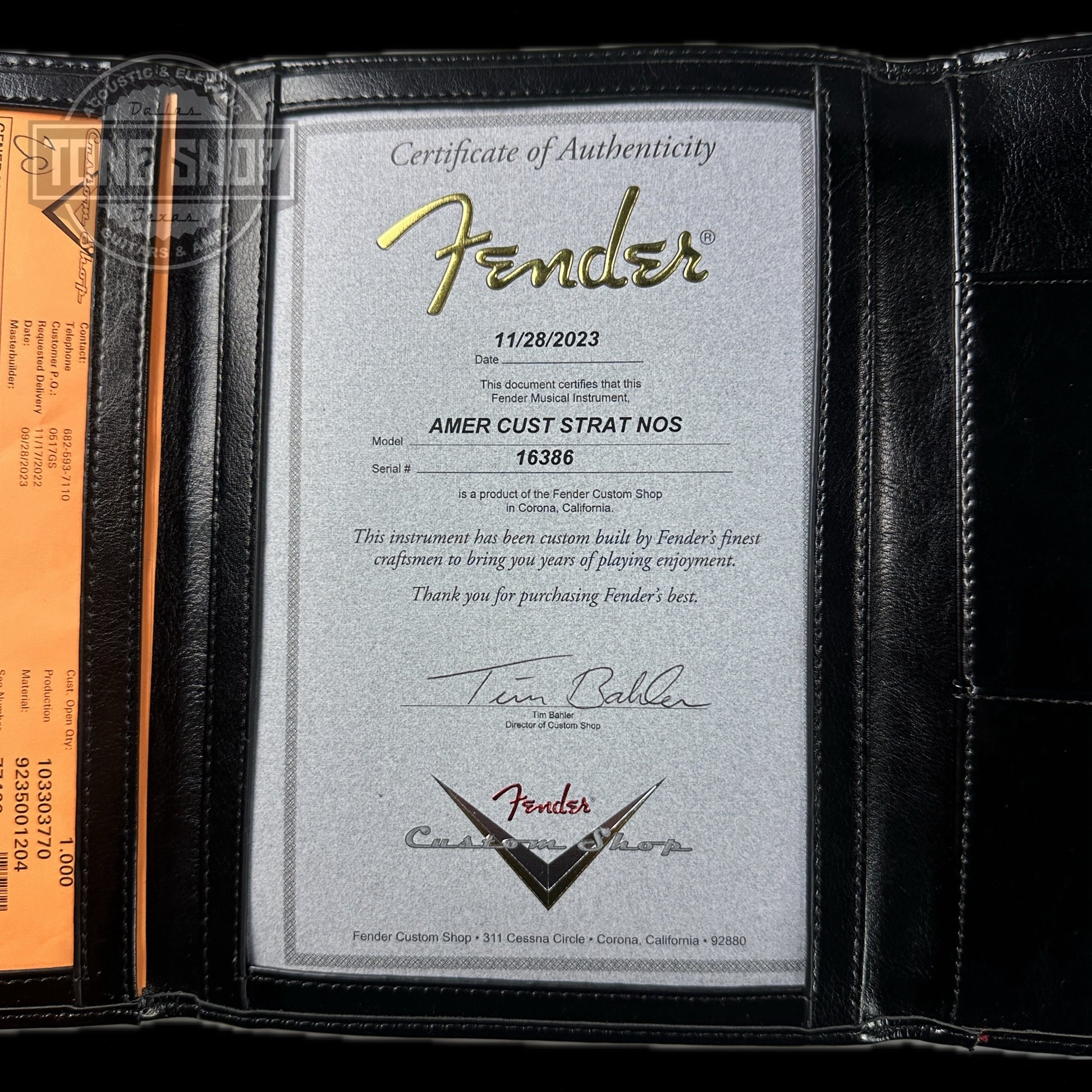 Certificate of authenticity for Fender Custom Shop American Custom Stratocaster RW Crimson Transparent NOS.