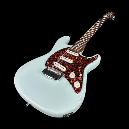 Front angle of Used Music Man Cutlass Blue.