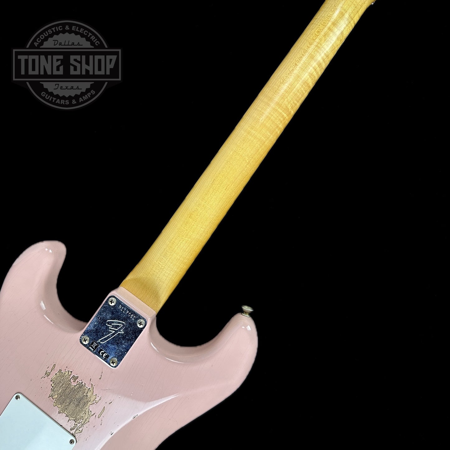 Back of neck of Fender Custom Shop 69 Stratocaster Relic HSS Shell Pink Reverse Headstock.