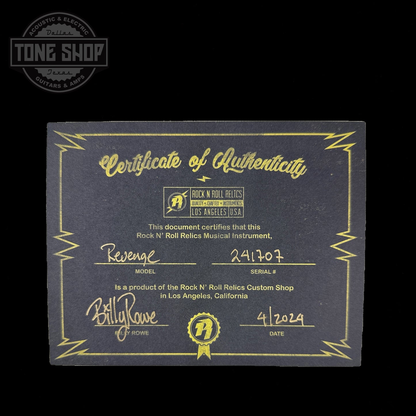 Certificate of authenticity for Rock N Roll Relics Revenge Lake Placid Blue Med Aging.