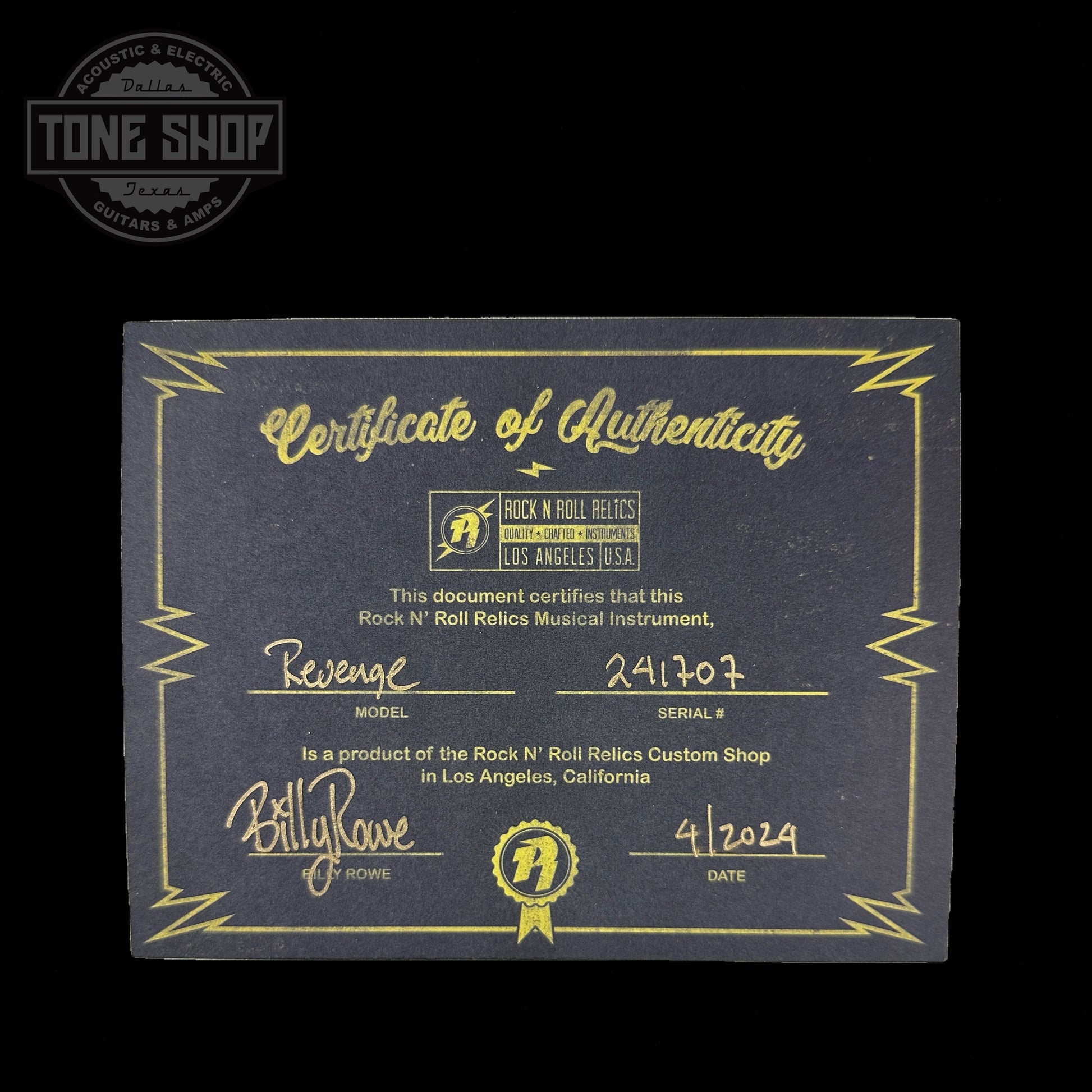 Certificate of authenticity for Rock N Roll Relics Revenge Lake Placid Blue Med Aging.