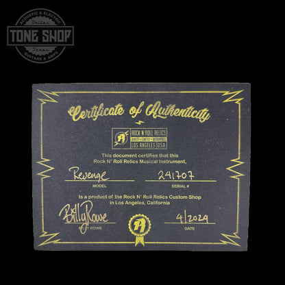 Certificate of authenticity for Rock N Roll Relics Revenge Lake Placid Blue Med Aging.