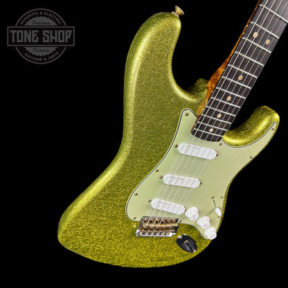 Front angle of Fender Custom Shop 1964 Stratocaster Journeyman Relic Chartreuse Sparkle.