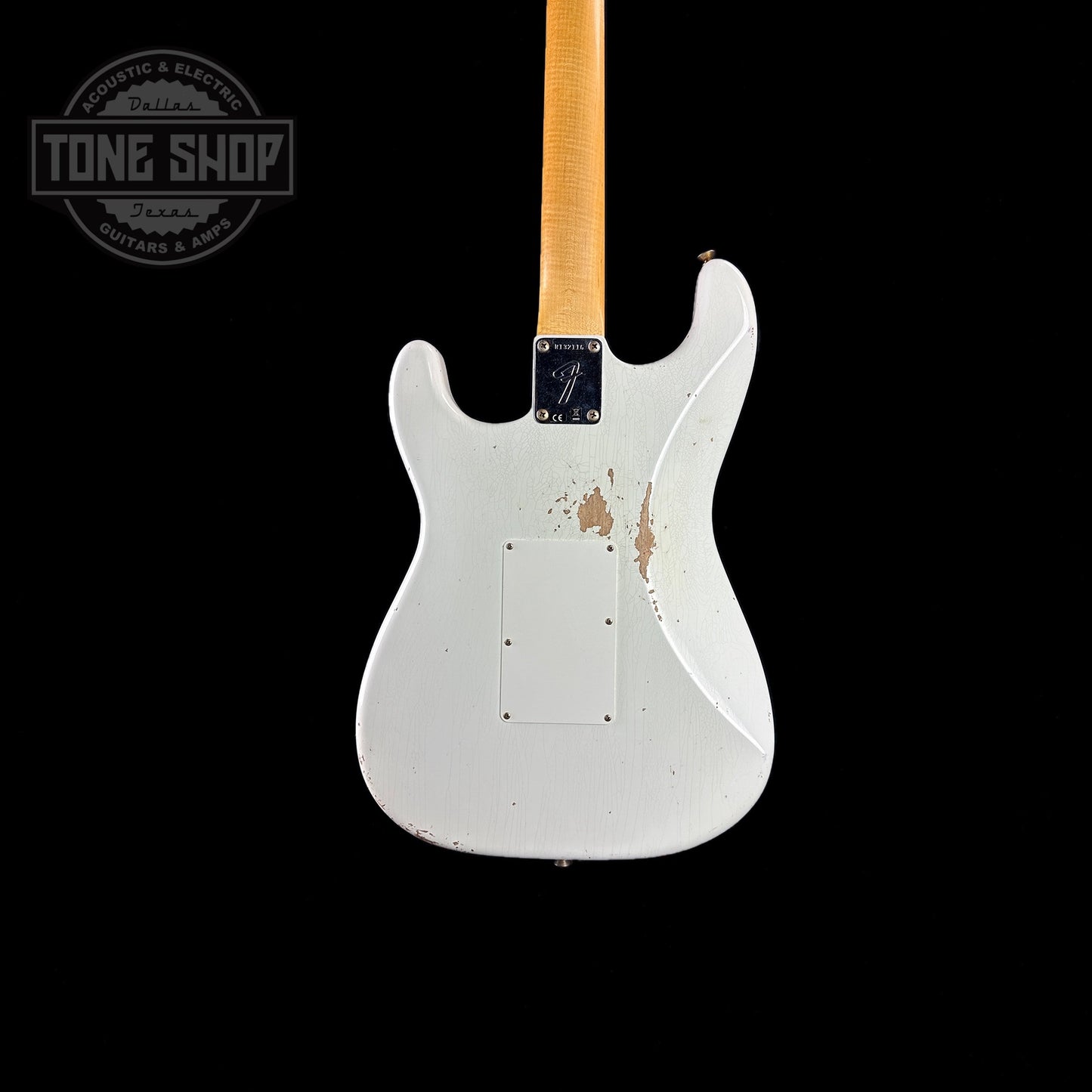 Back of body of Fender Custom Shop 69 Stratocaster Relic HSS Oly White Reverse Headstock.