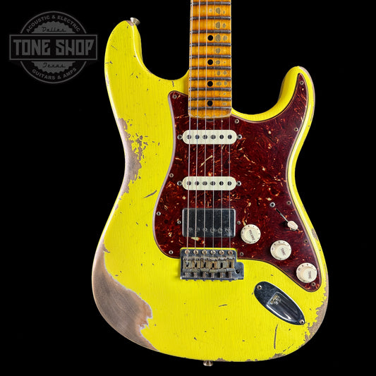 Front of body of Used Fender Custom Shop '69 Strat HSS Graffiti Yellow Heavy Relic.