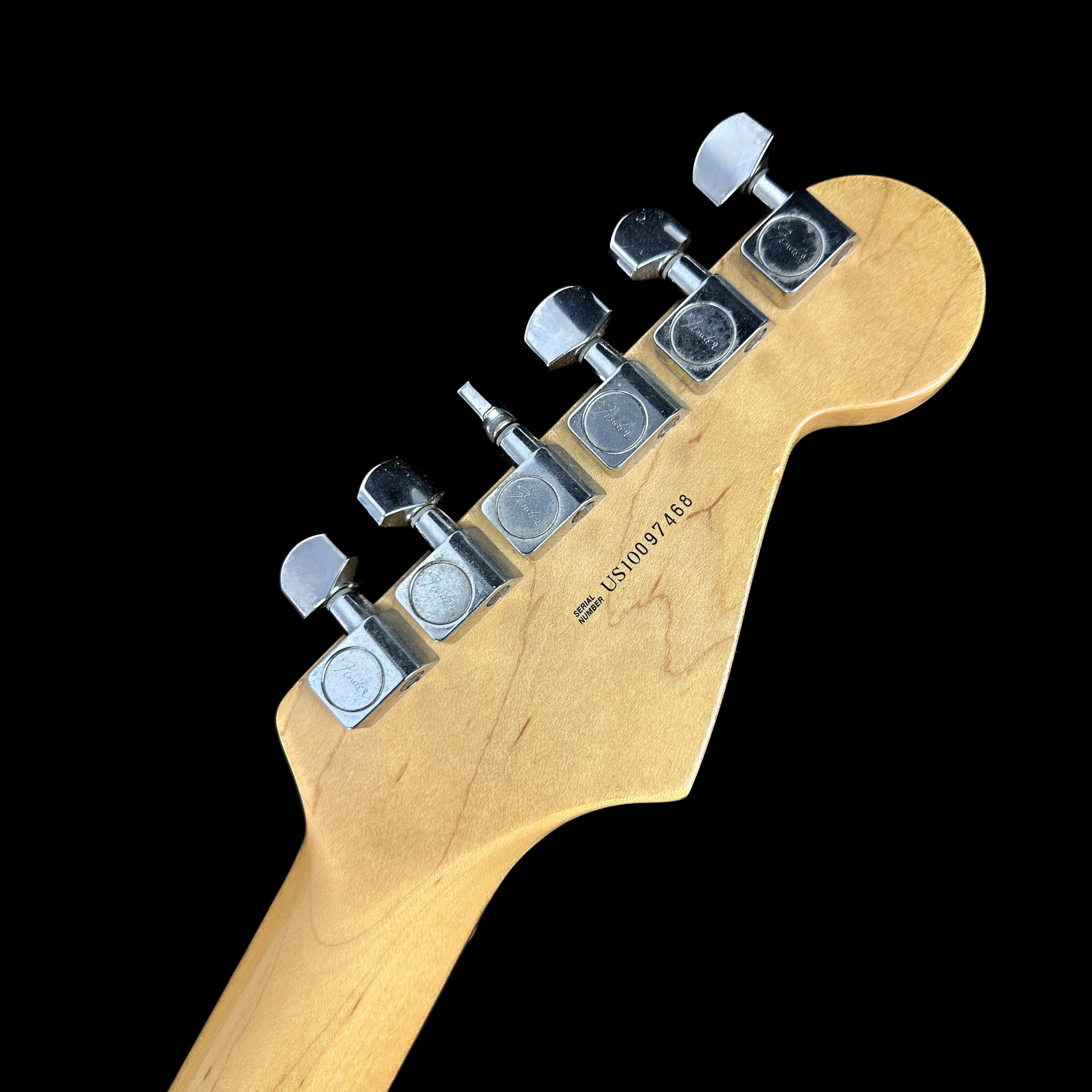 Back of headstock of Used 2010 Fender American Standard Strat Left Hand Blizzard Pearl.