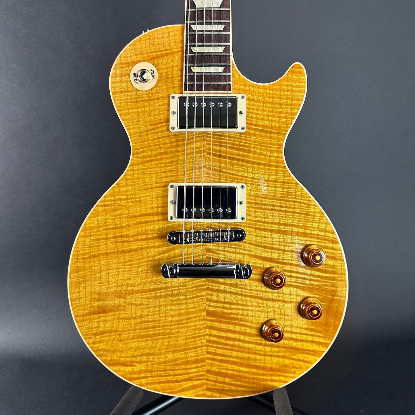 Front of Used 2012 Gibson Les Paul Standard Flamed Amber.
