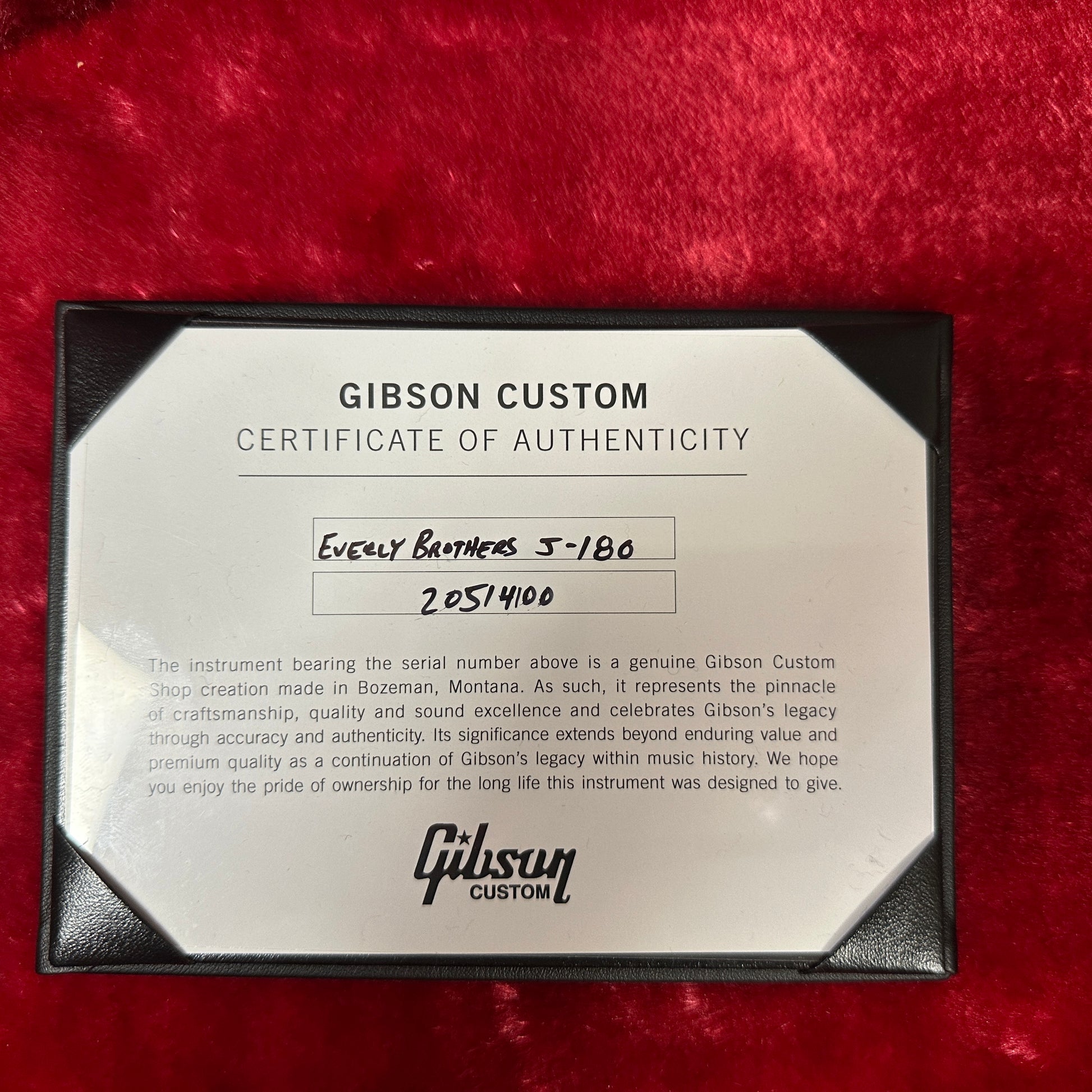 Certificate of authenticity for Used 2024 Gibson Everly Brothers J-180 Ebony.