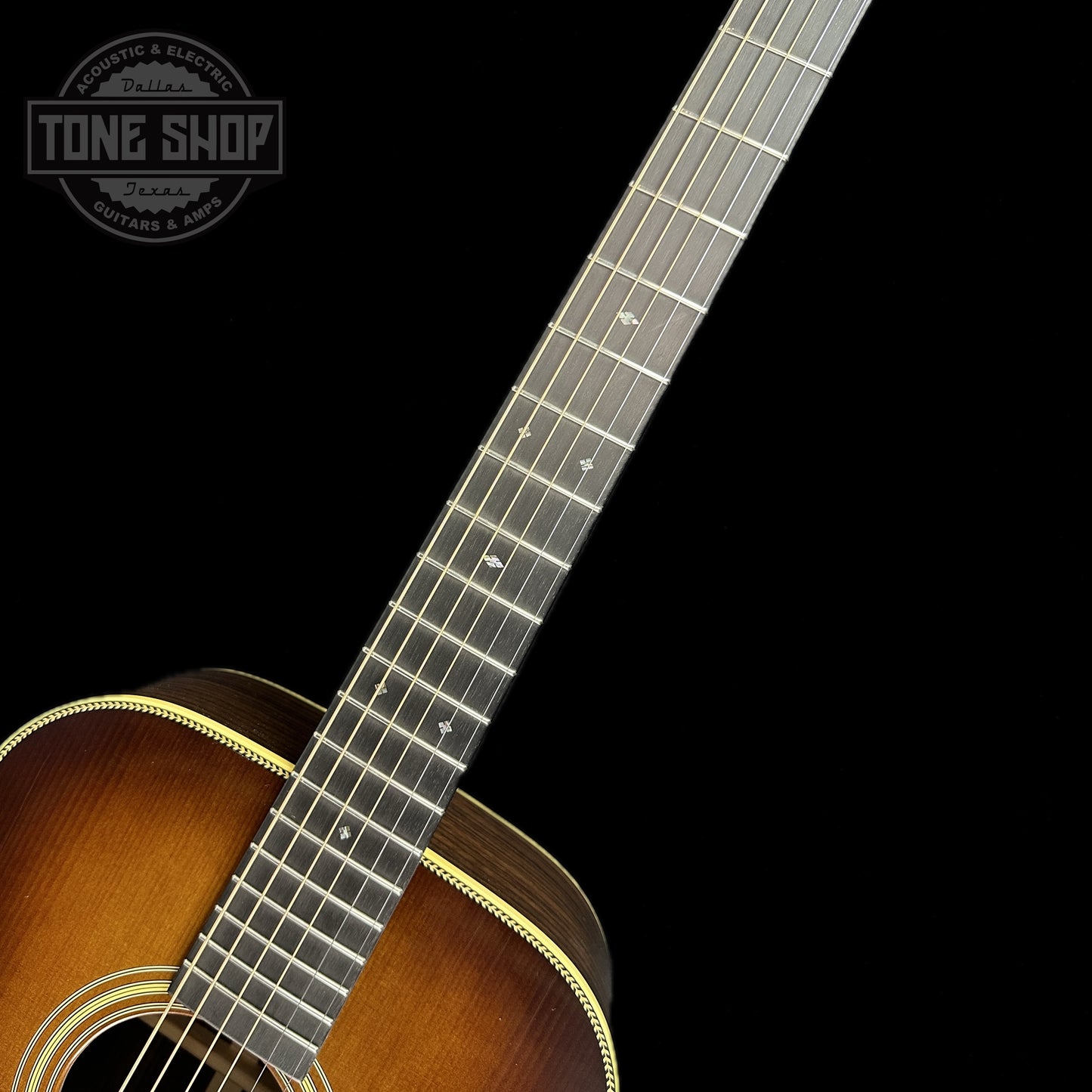 Fretboard of Martin Custom Shop D-28 Authentic 1937 Vintage Low Gloss w/Ambertone Burst w/Stage 1 Aging.