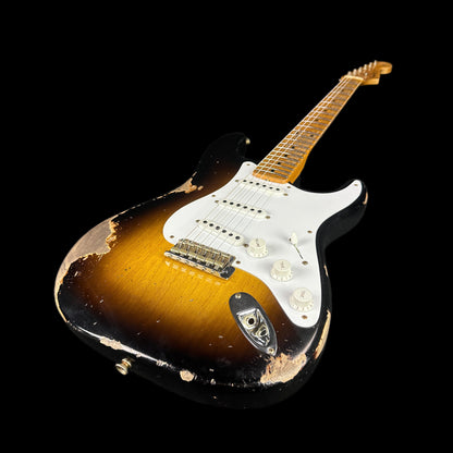 Front angle of Fender Custom Shop LTD 70th Anniversary 1954 Stratocaster Heavy Relic 2-Color Sunburst.