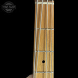 Headstock of Used Squier FSR Contemporary Active Jazz Bass Flat Black.