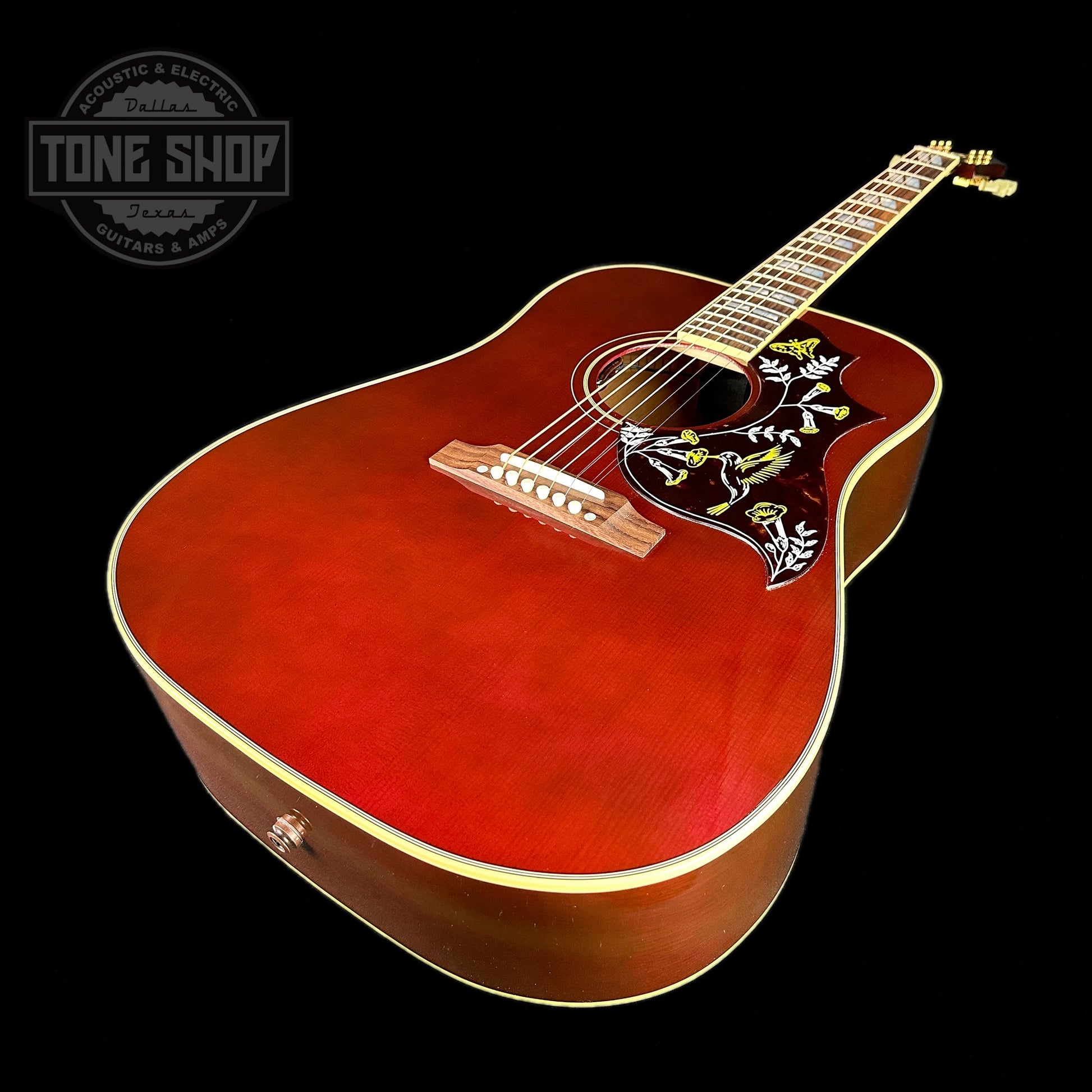 Front angle of Gibson Custom Shop M2M Hummingbird Original Wine Red.