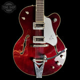 Front of Used 2023 Gretsch G6119T-62 Tennesee Rose Vintage Select Dark Cherry.