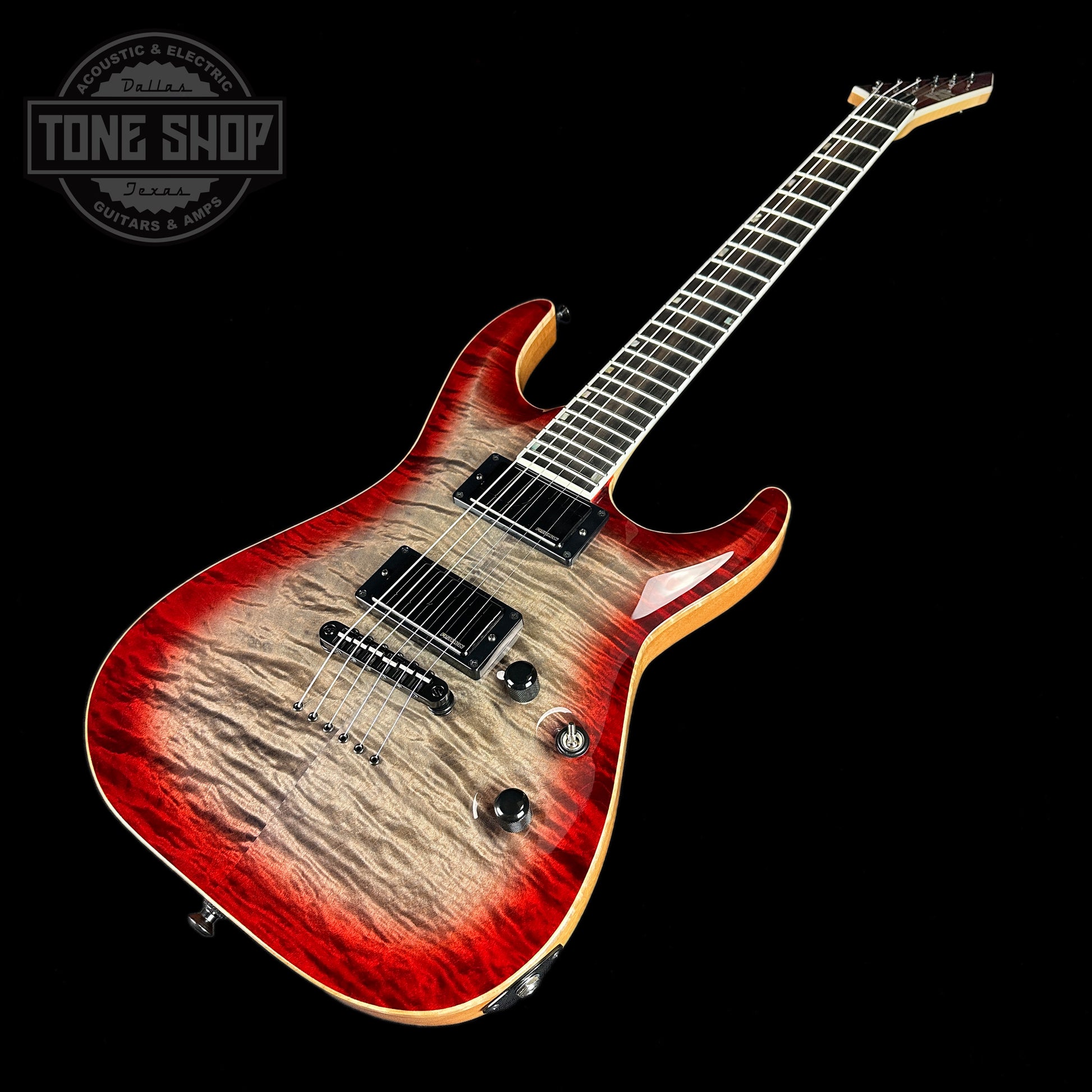 Front angle of ESP USA Horizon-II Flame Maple Blood Moon.