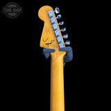 Squier J Mascis Jazzmaster Olympic White neck with headstock on a black background, featuring the Tone Shop logo.